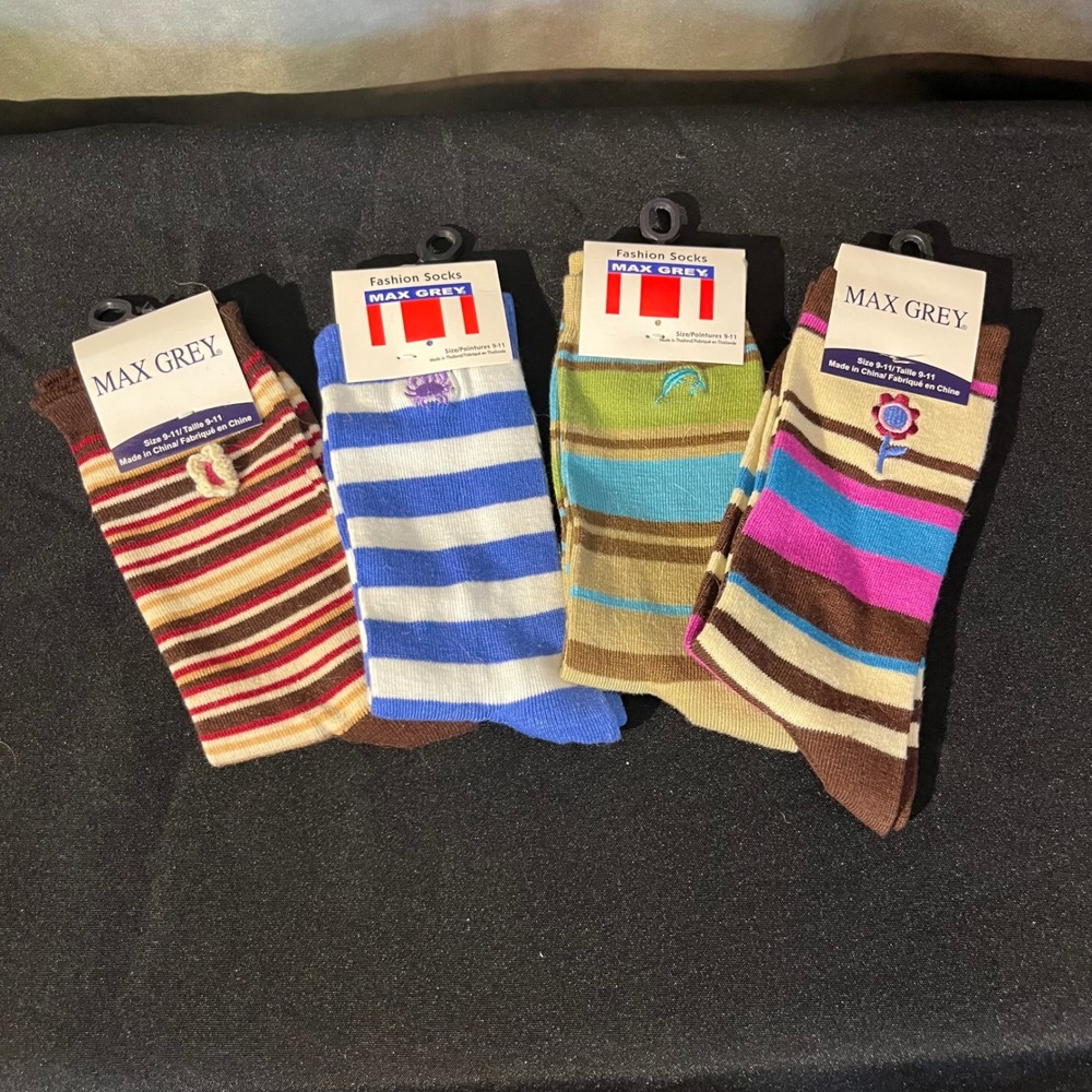 Max Grey 4 Pair Striped Fashion Crew Socks Women's Size 9-11 Multicolor
